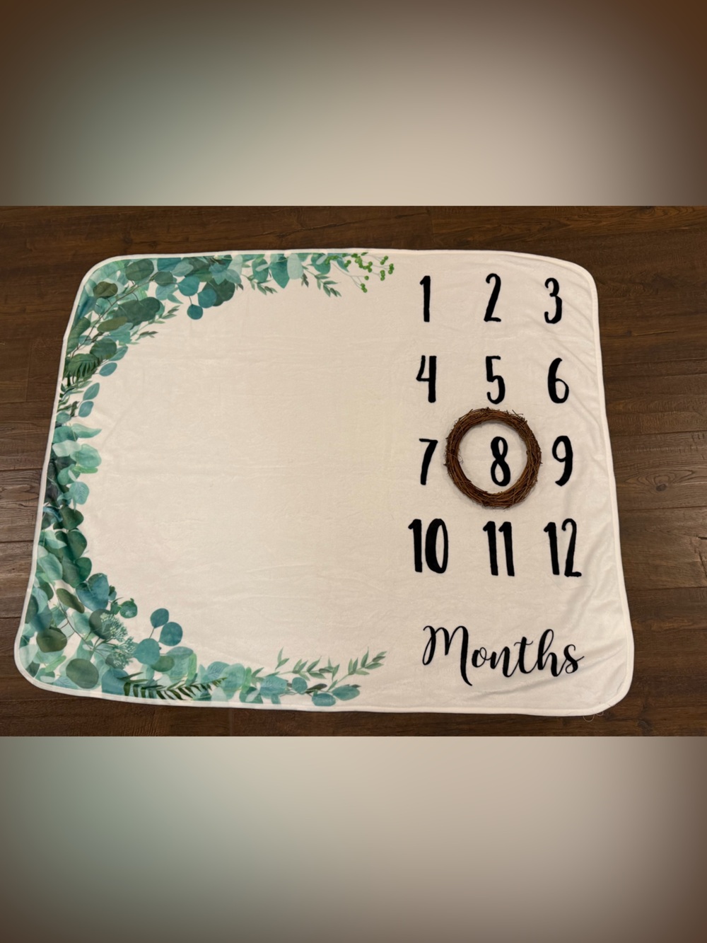 Cream Milestone Blanket with Green Eucalyptus Design and Woven Wreath